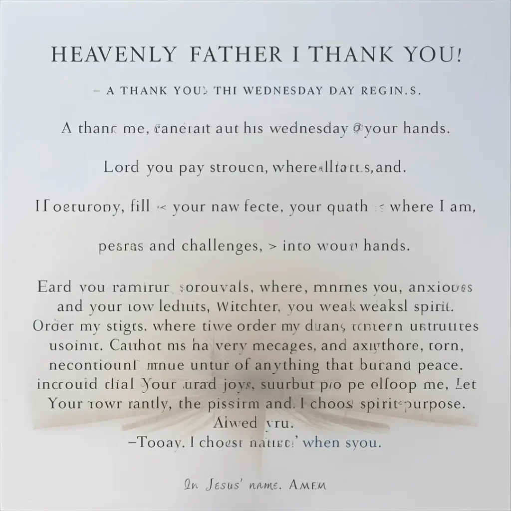 “Heavenly Father, I thank You for this beautiful Wednesday morning. As a new day begins, I surrender my thoughts, plans, desires, and challenges into Your hands. Lord, fill me with Your strength where I am weak, Your peace where I am anxious, and Your light where I feel uncertain.
Order my steps, renew my spirit, and grant me clarity and wisdom in every decision I make today.
Shield me from harm, negative influences, and anything that tries to disturb my peace. Let Your favor go before me, Your angels surround me, and Your Holy Spirit guide me.
Today, I choose joy, I choose faith, I choose purpose, and I choose You.
In Jesus’ name, Amen.”