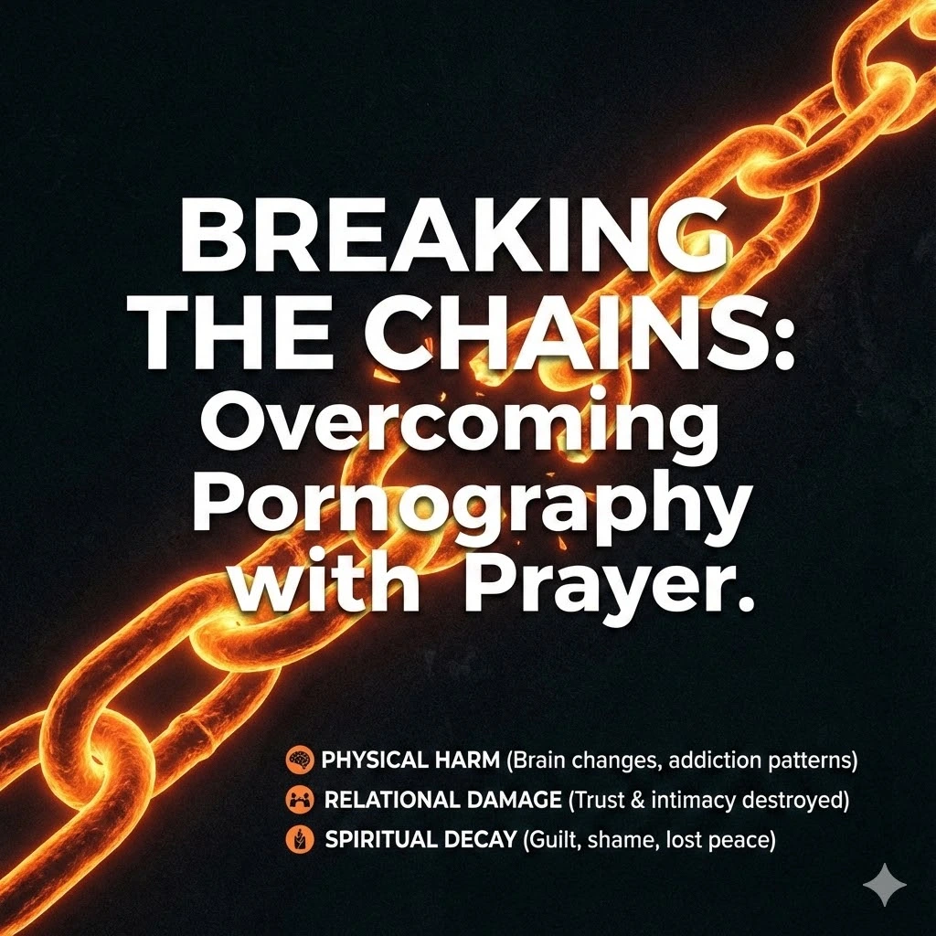 A peaceful Christian prayer scene with an open Bible, soft golden light, and symbolic broken chains representing spiritual freedom.
