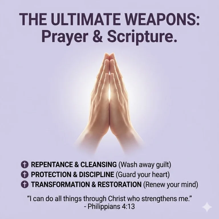 A peaceful Christian prayer scene with an open Bible, soft golden light, and symbolic broken chains representing spiritual freedom.