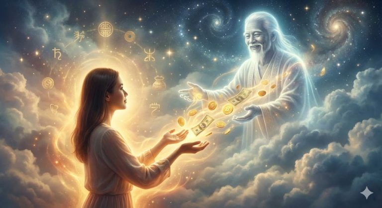 A glowing hand offering golden light shaped like currency, surreal dream atmosphere, soft mystical colors, spiritual symbolism, blessing energy, abstract background, high-resolution, peaceful and magical mood.