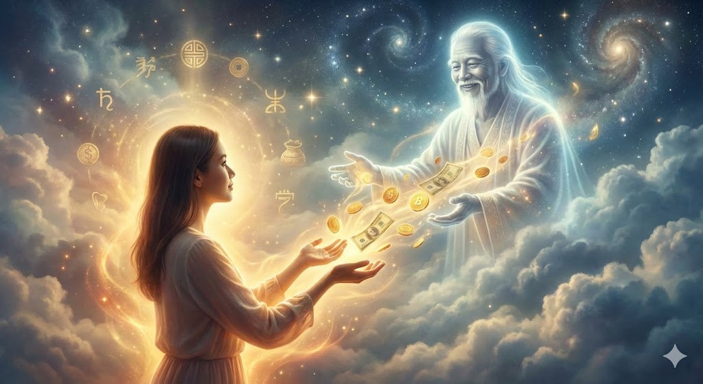 A glowing hand offering golden light shaped like currency, surreal dream atmosphere, soft mystical colors, spiritual symbolism, blessing energy, abstract background, high-resolution, peaceful and magical mood.