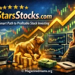 Golden bull statue with rising stock market chart, trading screens, and financial dashboard representing 5StarsStocks.com profitable investing strategy.