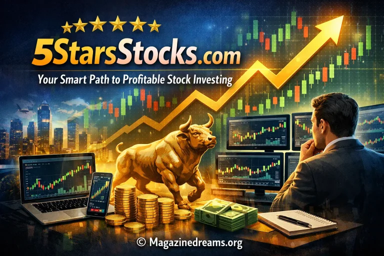 Golden bull statue with rising stock market chart, trading screens, and financial dashboard representing 5StarsStocks.com profitable investing strategy.