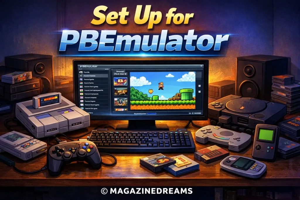 Retro gaming setup showing PBLEMULATOR installed on a desktop computer with classic consoles, controllers, and BIOS configuration interface displayed for proper set up for pblemulator.