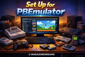 Retro gaming setup showing PBLEMULATOR installed on a desktop computer with classic consoles, controllers, and BIOS configuration interface displayed for proper set up for pblemulator.