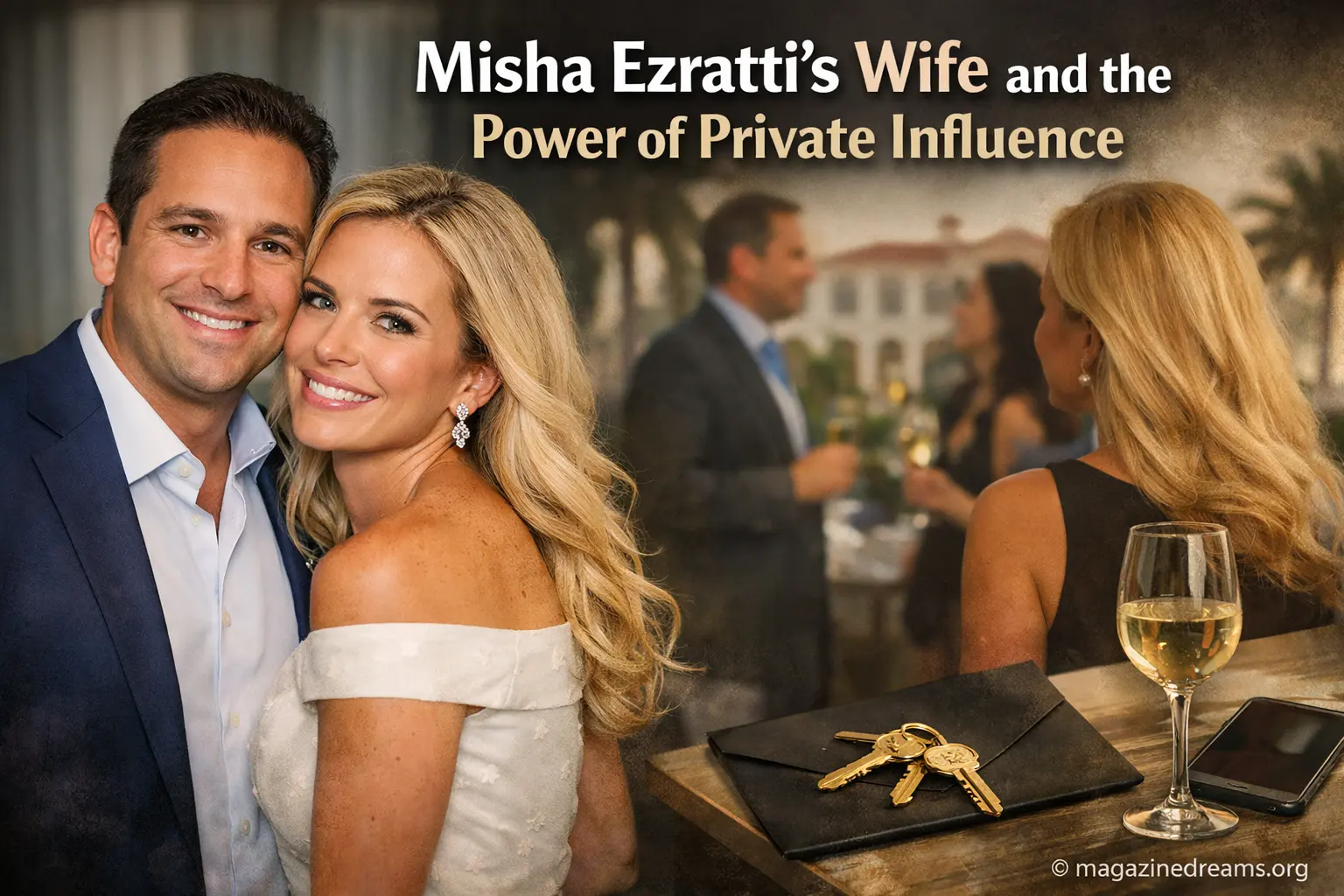 Misha Ezratti with his wife at a luxury event, highlighting private influence and elite real estate lifestyle