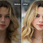 a female face before and after image upscale and enhancing without using photoshop