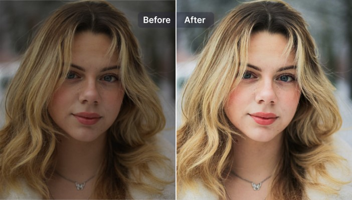 a female face before and after image upscale and enhancing without using photoshop